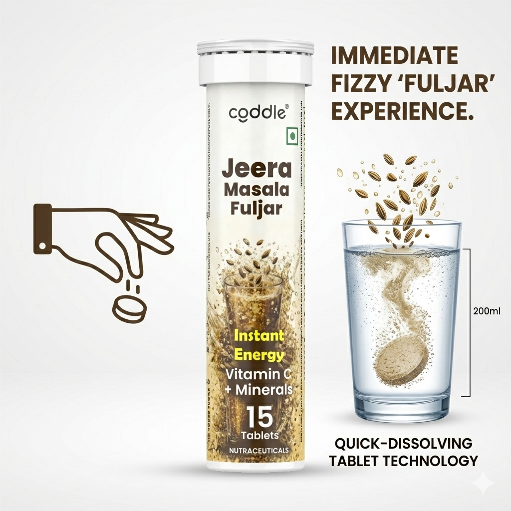 Coddle Jeera Masala Fuljar Effervescent Tablets, Instant Energy Drink with Vitamin C & Minerals, Zero Sugar, Zero Caffeine Hydration Tablets, Electrolyte Fizzy Drink Mix, 15 Tablets Pack of 1