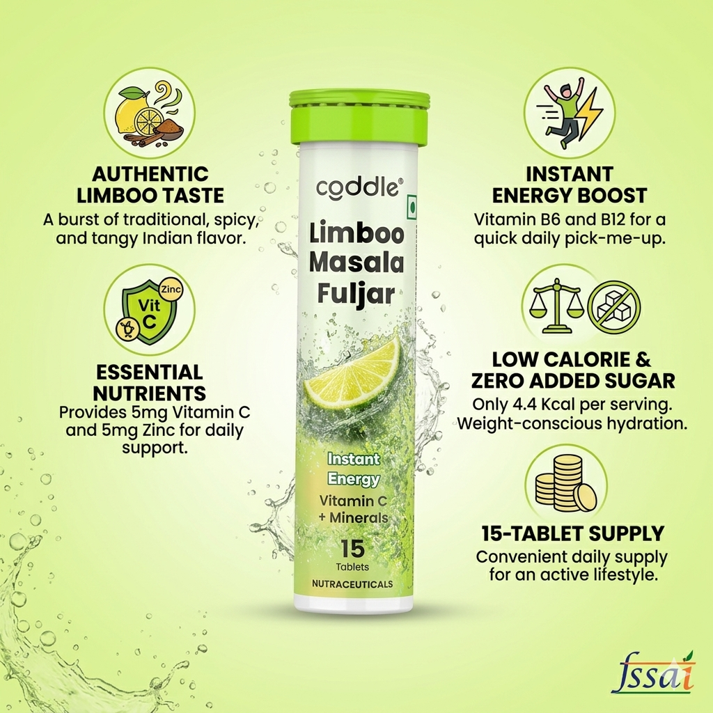 Coddle Limboo Masala Fuljar Effervescent Tablets, Instant Energy Drink with Vitamin C & Minerals, Zero Sugar, Zero Caffeine Hydration Tablets, Lemon Masala Fizzy Drink Mix, 15 Tablets Pack of 1