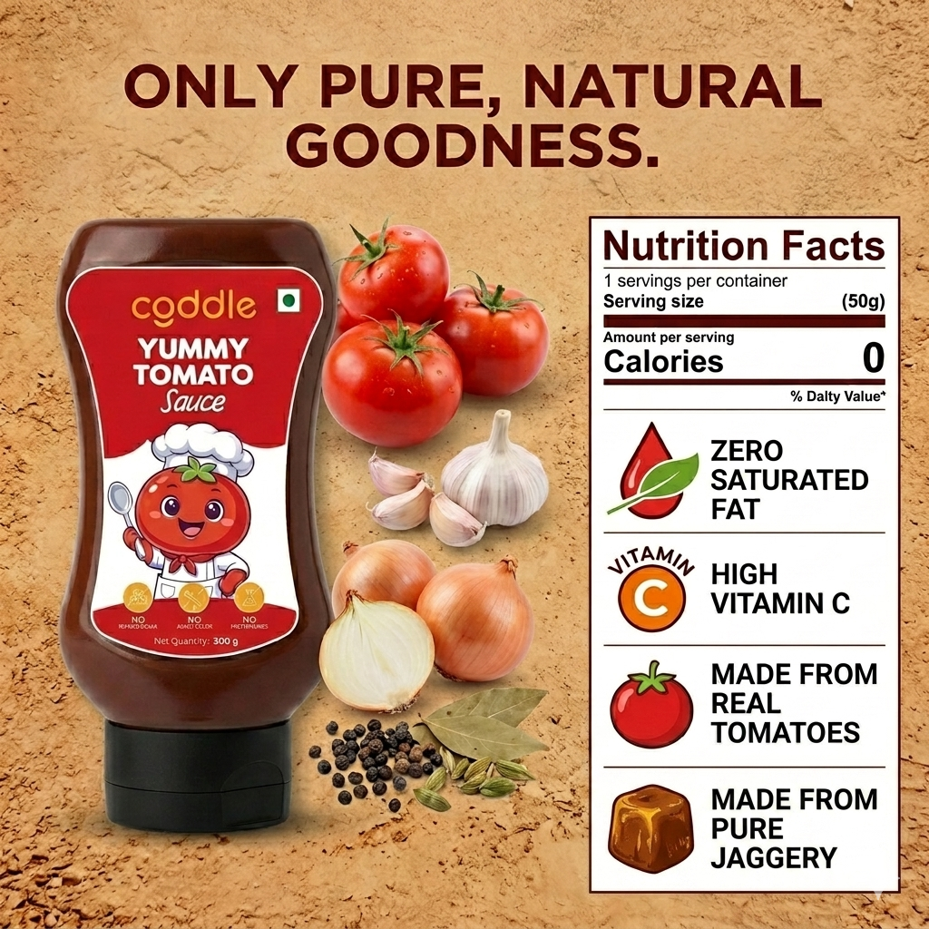 Coddle Yummy Tomato Ketchup 300g | Made with Jaggery | No Refined Sugar, No Preservatives, No Artificial Colours & Flavours | Safe for Babies, Toddlers, Kids & Adults