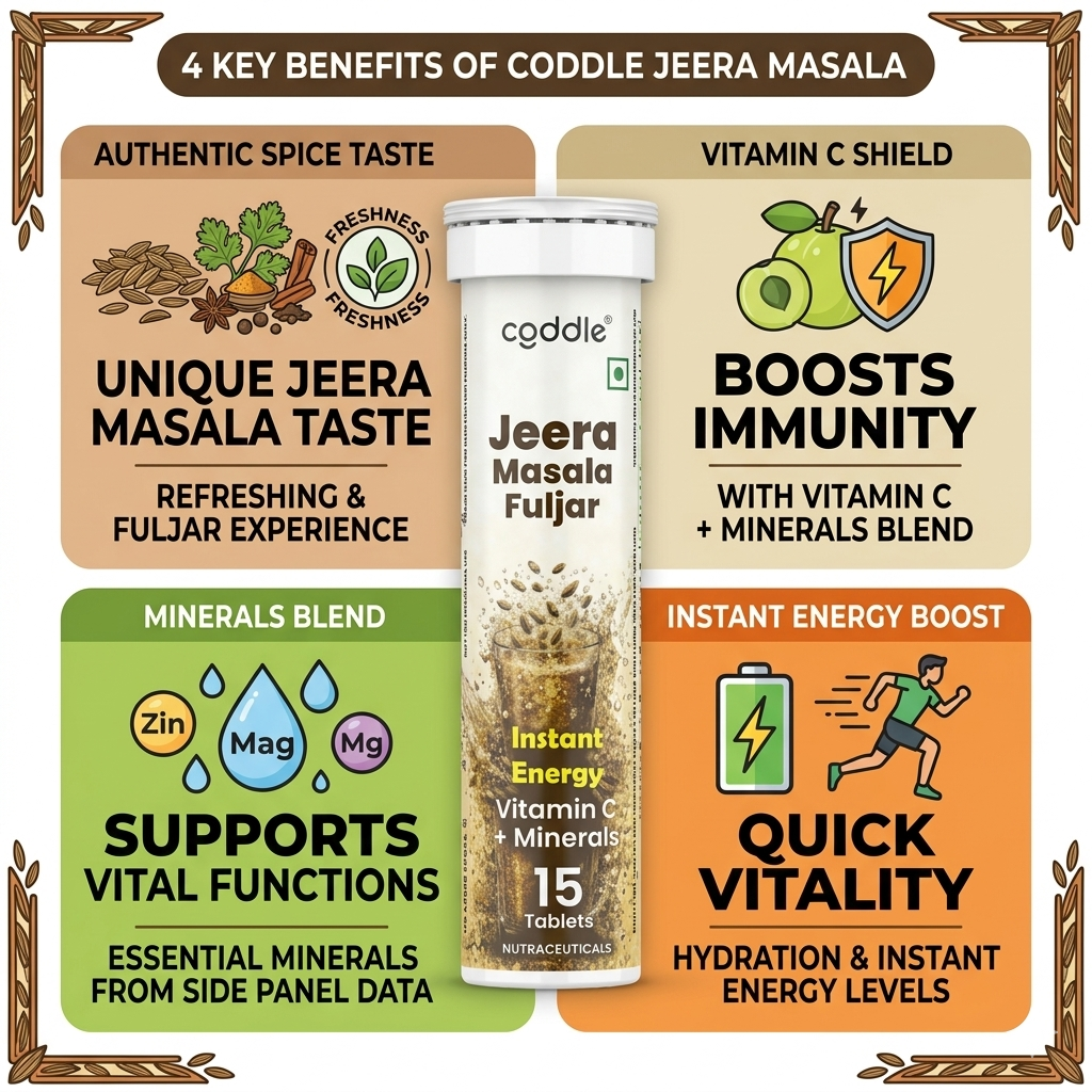 Coddle Jeera Masala Fuljar Effervescent Tablets, Instant Energy Drink with Vitamin C & Minerals, Zero Sugar, Zero Caffeine Hydration Tablets, Electrolyte Fizzy Drink Mix, 15 Tablets Pack of 1