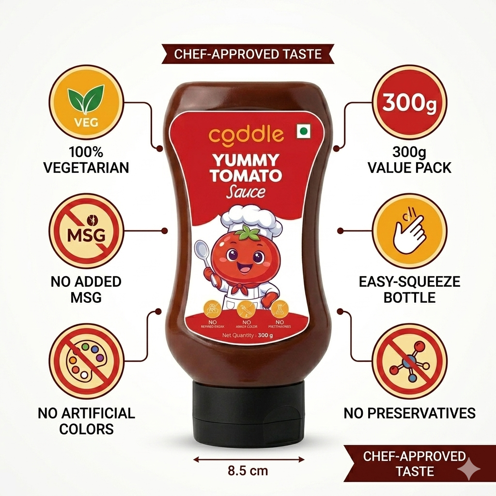Coddle Yummy Tomato Ketchup 300g | Made with Jaggery | No Refined Sugar, No Preservatives, No Artificial Colours & Flavours | Safe for Babies, Toddlers, Kids & Adults