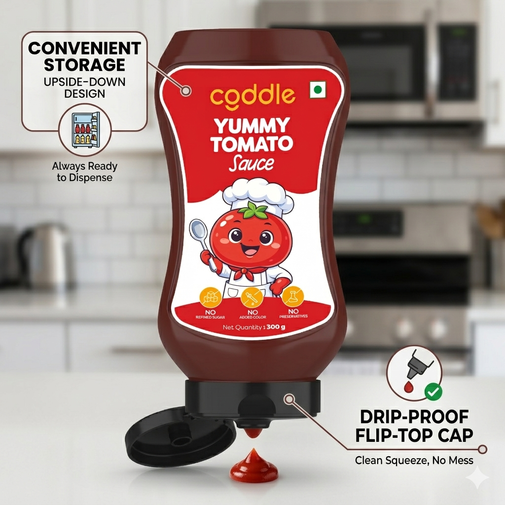 Coddle Yummy Tomato Ketchup 300g | Made with Jaggery | No Refined Sugar, No Preservatives, No Artificial Colours & Flavours | Safe for Babies, Toddlers, Kids & Adults